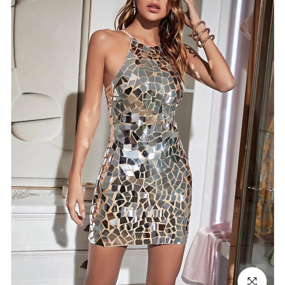Mew Mews Silver Sequin Halter Mini Dress